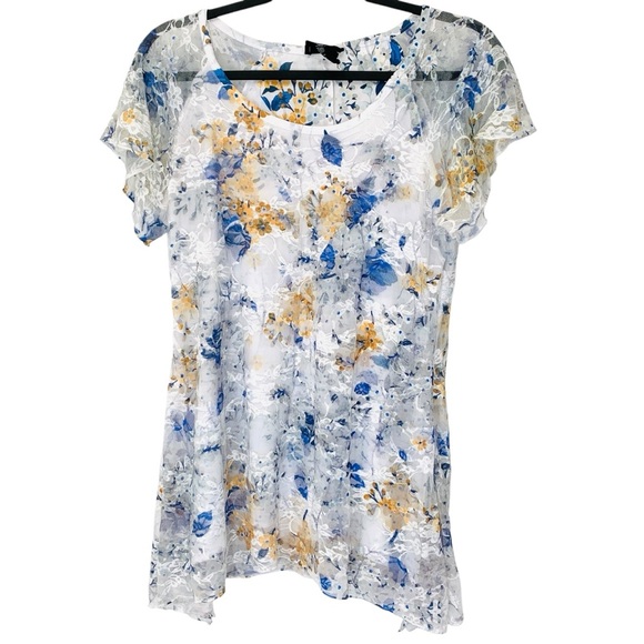 Brittany Black Blouse Womens Small Blue White Mustard Floral Asymmetrical Fairy - Picture 1 of 8